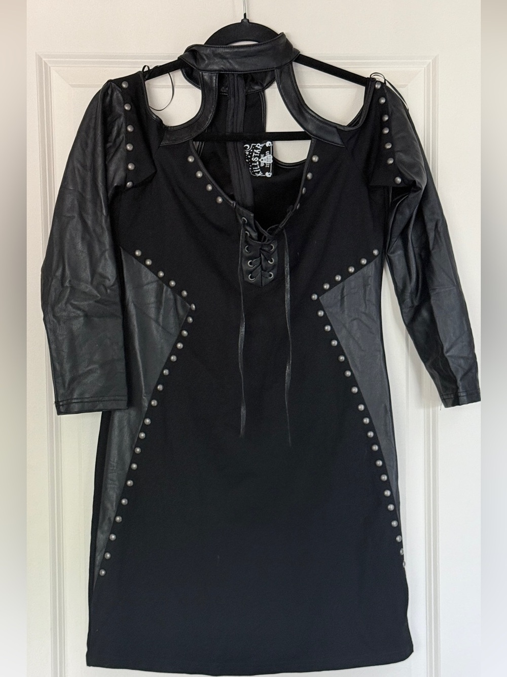 Killstar Black Studded Faux-Leather Cold-Shoulder Dress